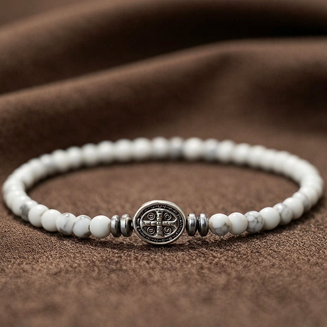 Christianartworkshop Saint Benedict Medal Natural Stone Bead Single Stretch Stackable Bracelet: Timeless Emblem of Gentle Heavenly Guardianship - Howlite - image 4