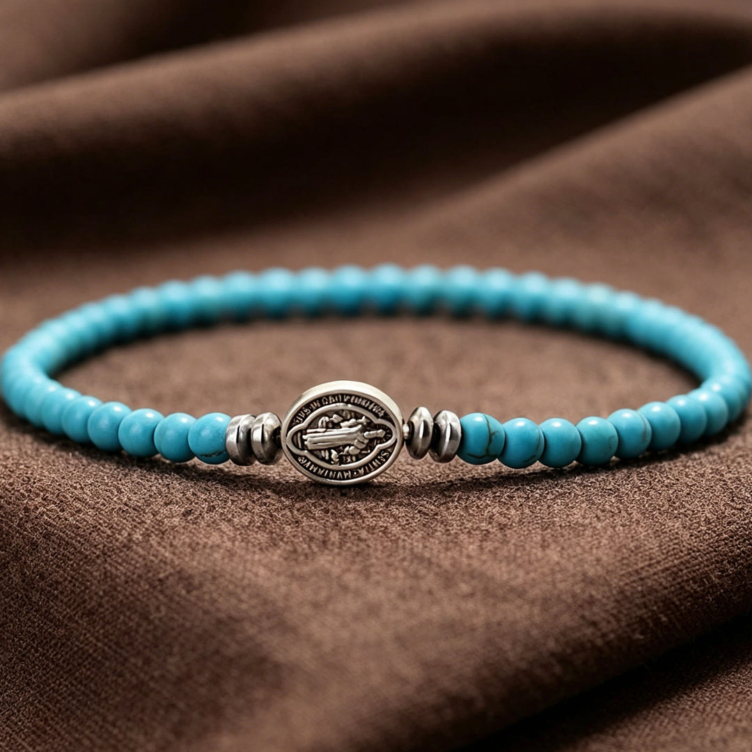 Christianartworkshop Saint Benedict Medal Natural Stone Bead Single Stretch Stackable Bracelet: Timeless Emblem of Gentle Heavenly Guardianship - Turquoise - image 1