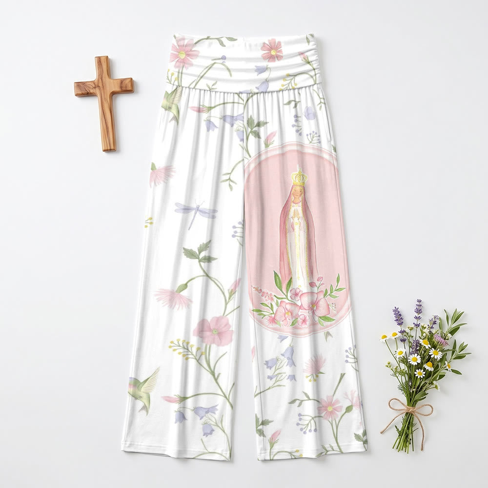 Christianartworkshop Watercolor Vine Floral Dragonfly Hummingbird Our Lady Portrait Panel Print High Waist Wide Leg Pants - image 1