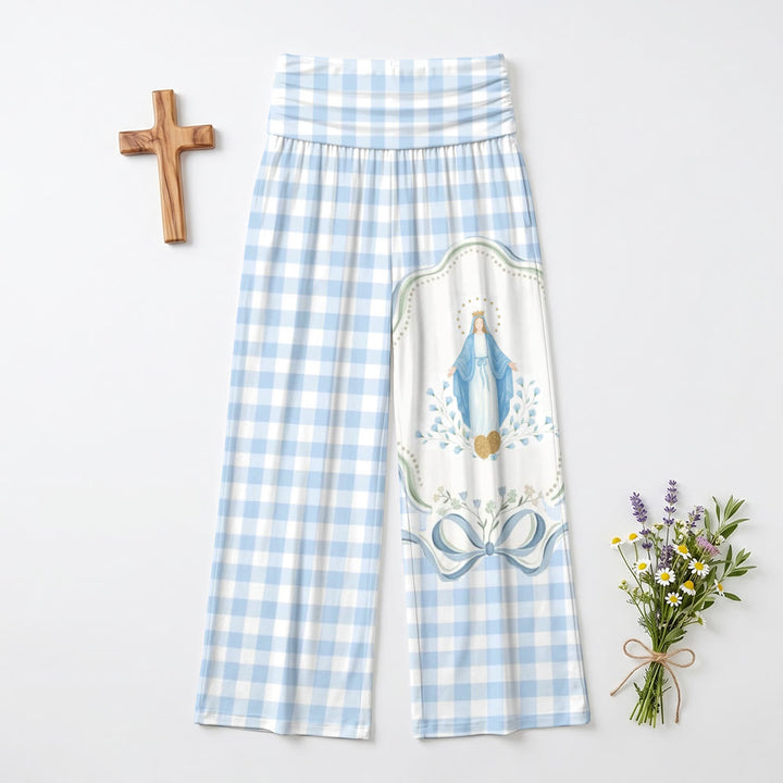 Christianartworkshop Light Gingham Check Allover Print Halo Virgin Mary Floral Bow Panel High Waist Wide Leg Pants - image 2
