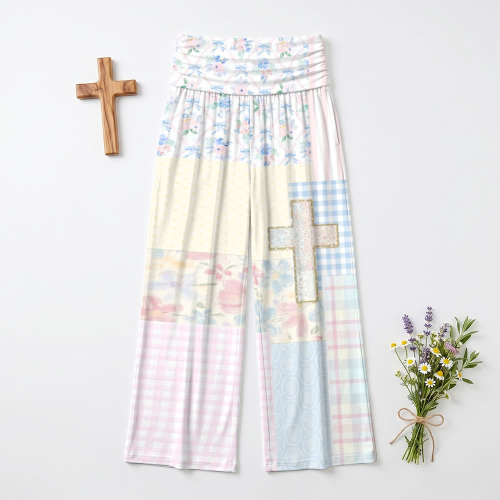 Christianartworkshop Patchwork Multi‑Texture Floral Gingham Glitter Trim Cross High Waist Wide Leg Pants - image 1