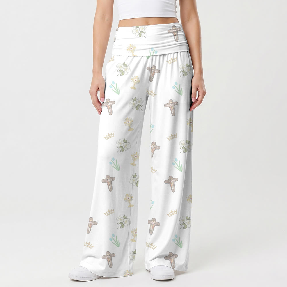 Christianartworkshop Ditsy Allover Print Crucifix Crown Eucharist White Blossom Tulip High Waist Wide Leg Pants - US22,UK/AU26,EU54(6XL) - image 0