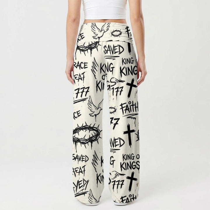 Christianartworkshop Graffiti Style Crown Of Thorns Dove Cross Faith Saved Text All‑Print High Waist Wide Leg Pants - image 1