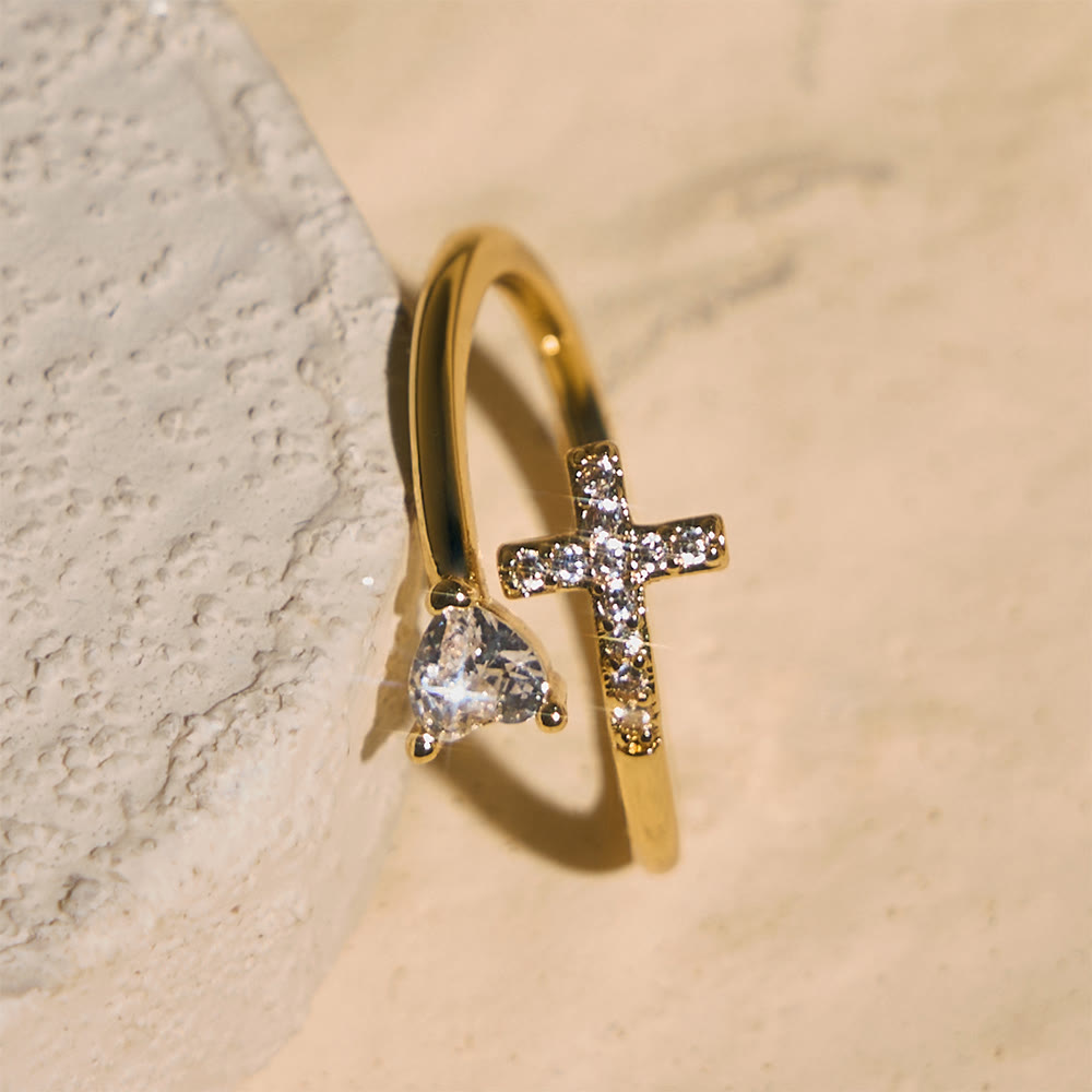 Christianartworkshop Two-Color Adjustable Ring with Paved Cross & Heart Zircon Accents: A Reminder of Sacred Grace - image 2