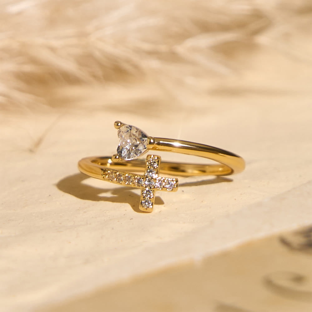 Christianartworkshop Two-Color Adjustable Ring with Paved Cross & Heart Zircon Accents: A Reminder of Sacred Grace - image 1