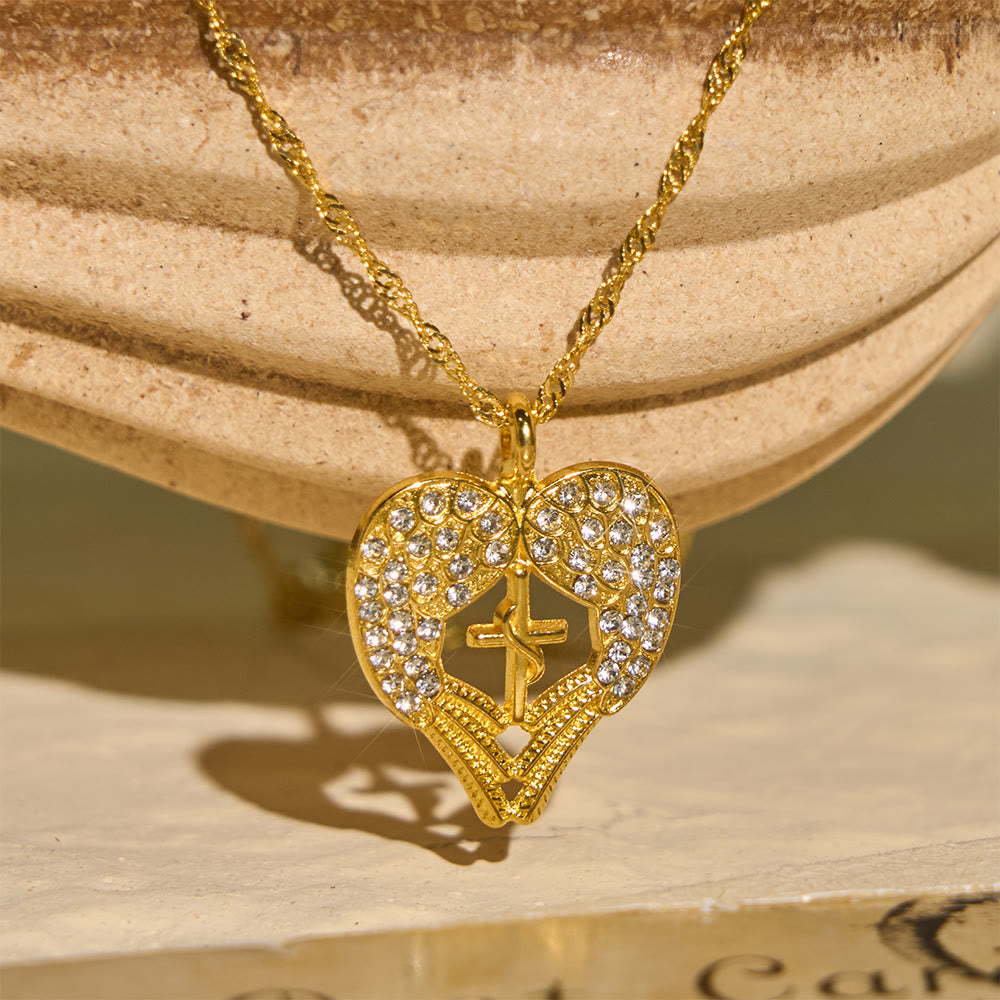 Christianartworkshop Zircon-Encrusted Heart Cross Necklace with Angel Wings: A Symbol of Divine Love & Grace - image 2