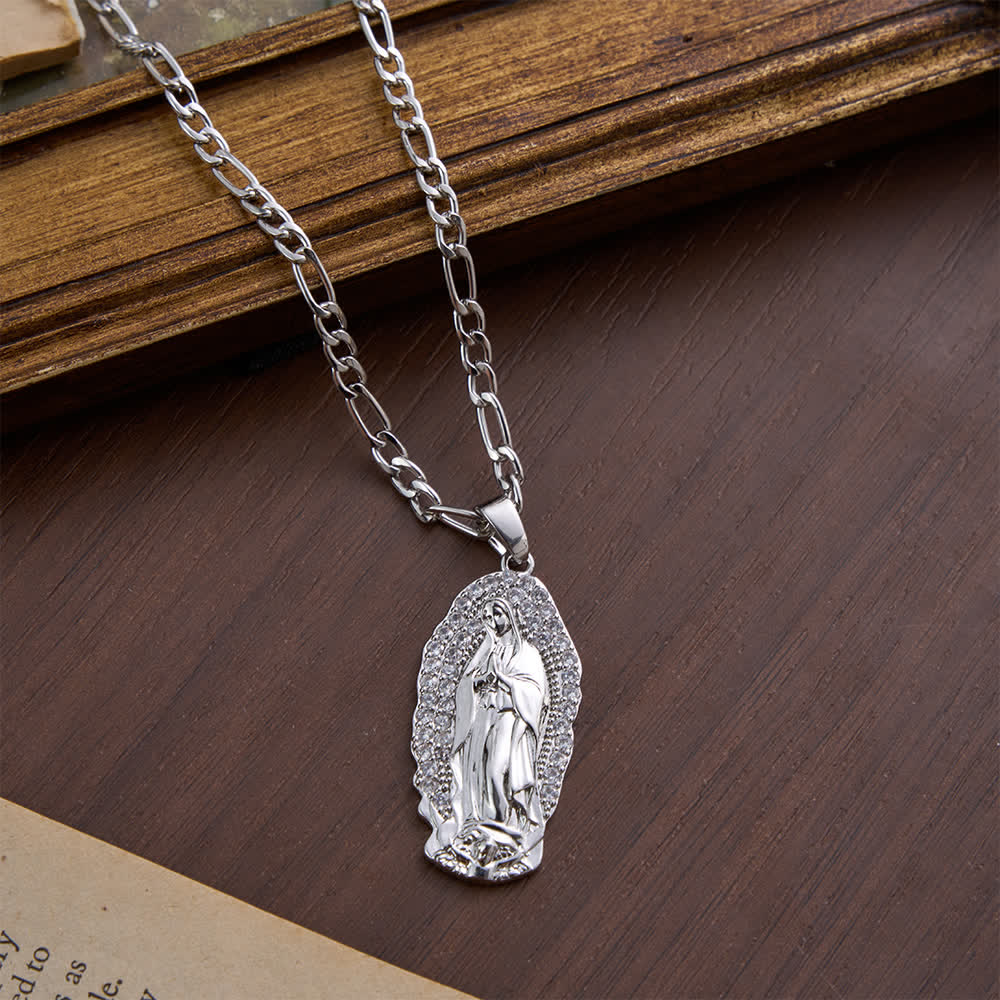 Christianartworkshop Elegant Sunburst Border Enamel Virgin Guadalupe Pendant Chunky Figaro Chain - Silver - image 13