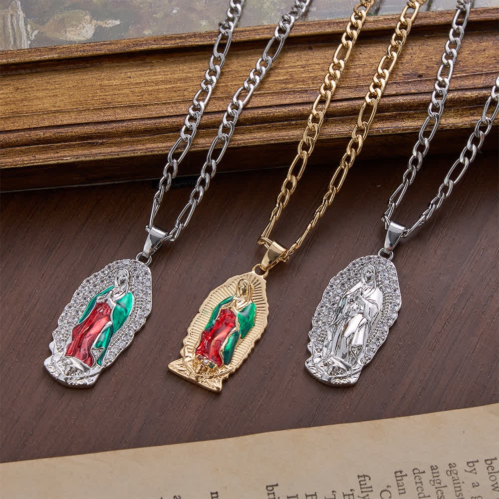 Christianartworkshop Elegant Sunburst Border Enamel Virgin Guadalupe Pendant Chunky Figaro Chain - image 5