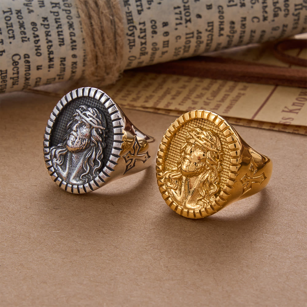 Christianartworkshop Vintage Christ Jesus Head Cross Blessing Ring - image 0