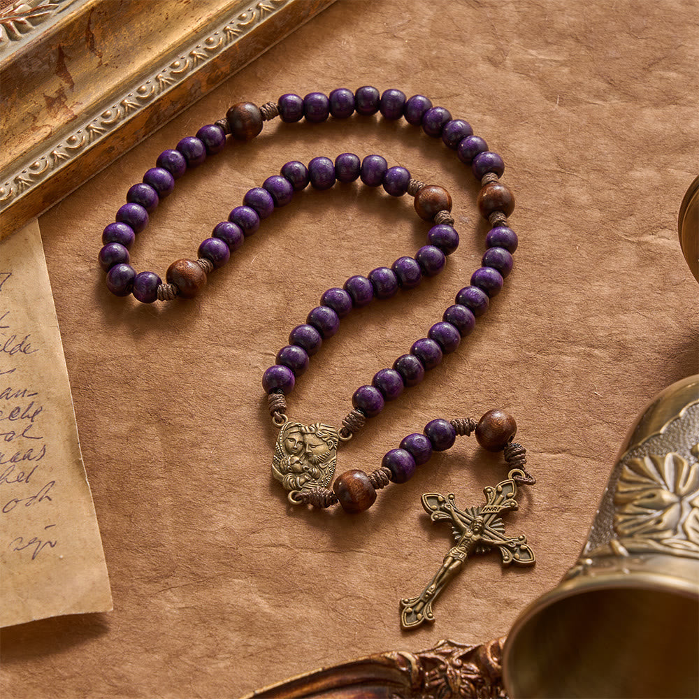 Christianartworkshop Purple Wooden Rosary With Bronze Crucifix & Embossed Holy Family Medallion - image 3