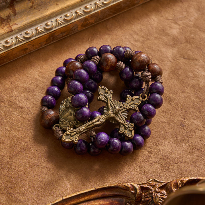 Christianartworkshop Purple Wooden Rosary With Bronze Crucifix & Embossed Holy Family Medallion - image 2