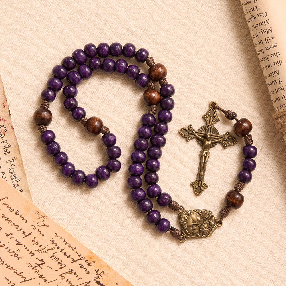 Christianartworkshop Purple Wooden Rosary With Bronze Crucifix & Embossed Holy Family Medallion - image 4