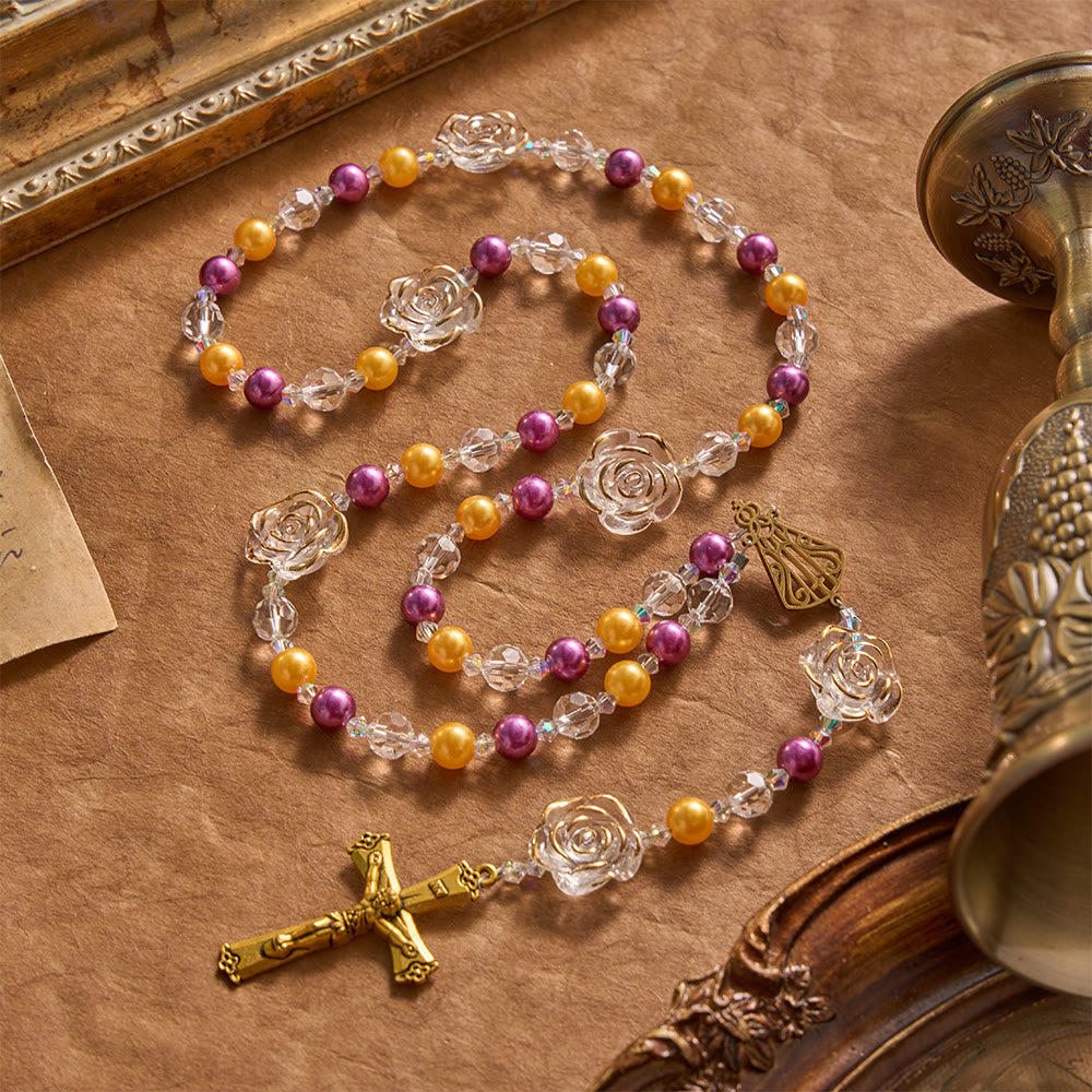 Christianartworkshop Molded Camellia Acrylic Rosary With Gilded Crucifix & Our Lady of Aparecida Filigree Medallion - Yellow & Purple Camellia Rosary - image 0