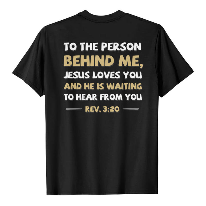 Christianartworkshop Dual-Side Two-Tone Scripture REV.3:20 Letter Print Casual Classic T-Shirt - Black - 2XL - image 15