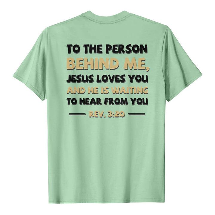 Christianartworkshop Dual-Side Two-Tone Scripture REV.3:20 Letter Print Casual Classic T-Shirt - Light Green - 2XL - image 24
