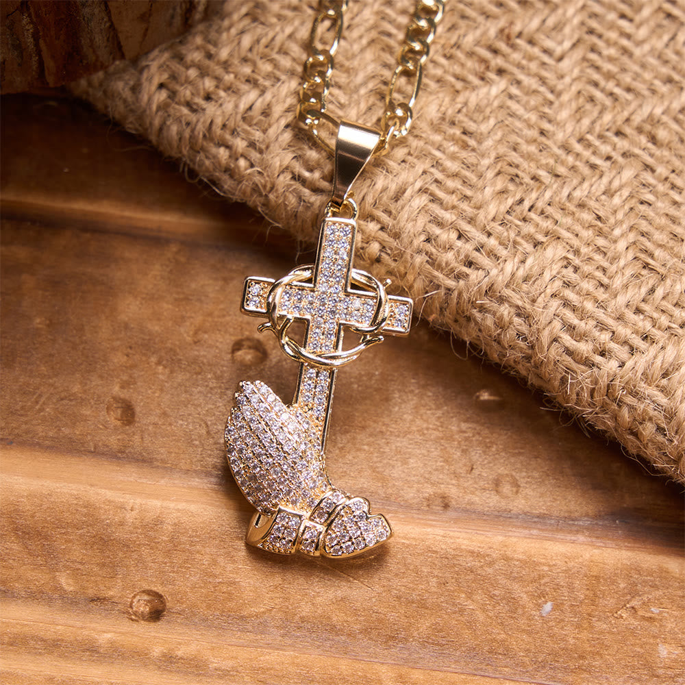 Christianartworkshop Full Pavé Crystal Thorn Cross Prayer Hands Figaro Chain Necklace: Emblem of Merciful Heavenly Redemption - The Praying Hands & Thorn Cross - image 0