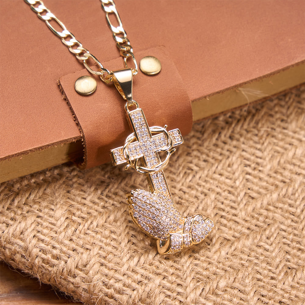 Christianartworkshop Full Pavé Crystal Thorn Cross Prayer Hands Figaro Chain Necklace: Emblem of Merciful Heavenly Redemption - image 1