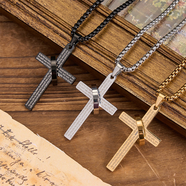 Christianartworkshop Ring Wrapped Laser Scripture Titanium Steel Cross Box Chain Necklace: Emblem of Everlasting Heavenly Promise - image 0