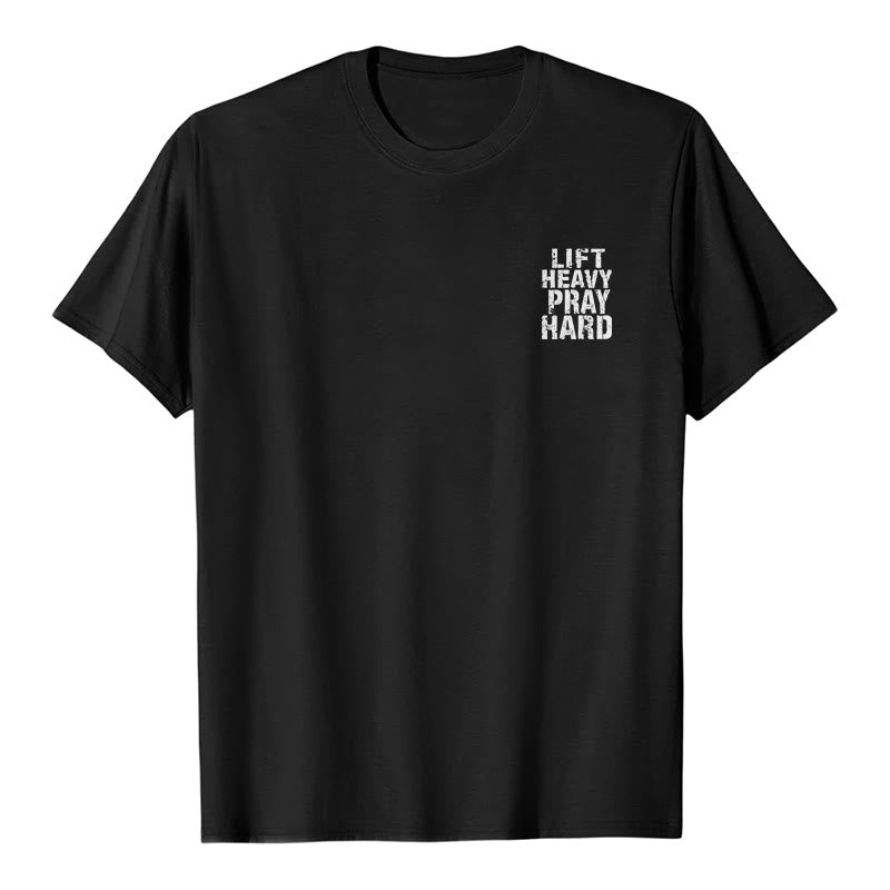 Christianartworkshop Dual-Side Lift Heavy Pray Hard Distressed Letter Print Classic T-Shirt - image 17