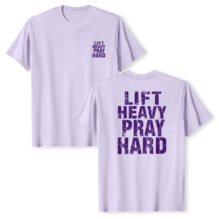 Christianartworkshop Dual-Side Lift Heavy Pray Hard Distressed Letter Print Classic T-Shirt - image 22