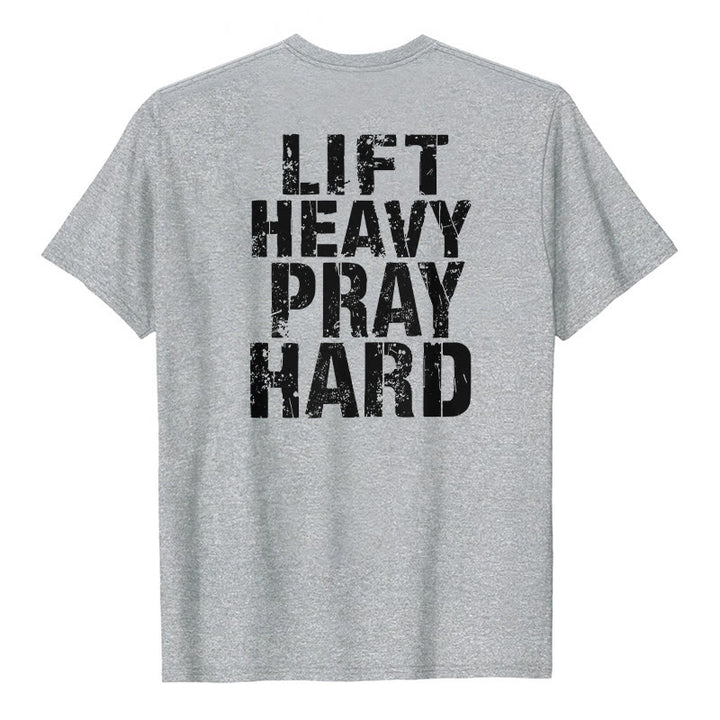 Christianartworkshop Dual-Side Lift Heavy Pray Hard Distressed Letter Print Classic T-Shirt - Grey - 2XL - image 9