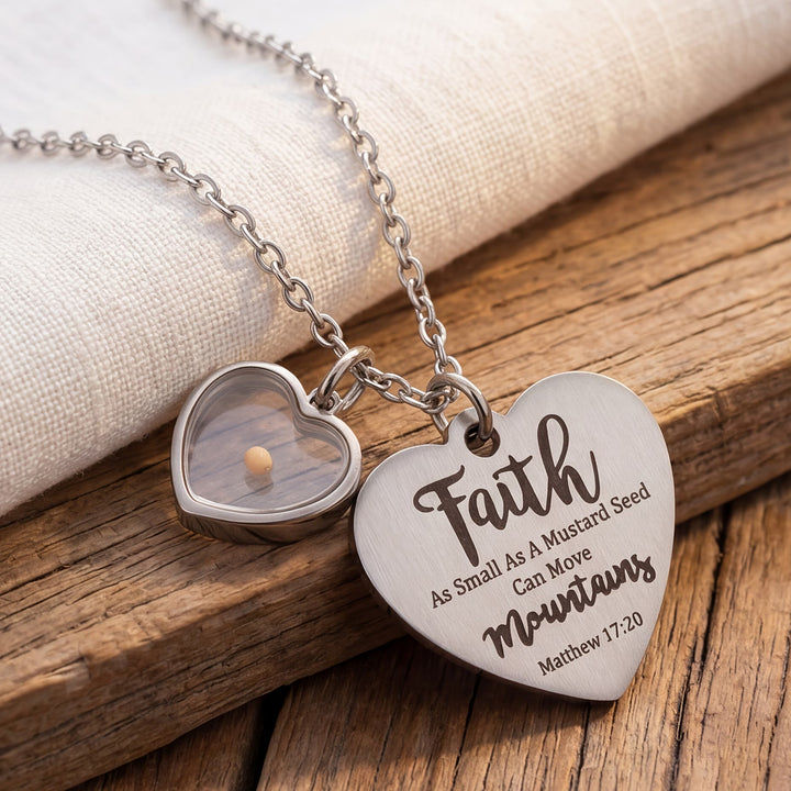 Christianartworkshop Dual Heart Locket Mustard Seed Matthew 17:20 Scripture Necklace: Emblem of Mighty Unwavering Faith - Silver - image 0