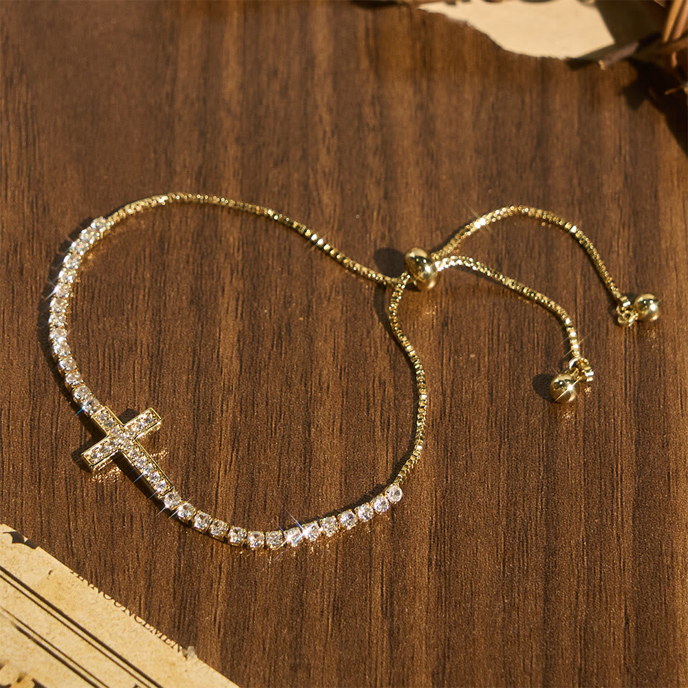 Christianartworkshop Full Pavé Sparkling Zircon Cross Pull Adjustable Tennis Bracelet: Emblem of Radiant Heavenly Guidance - Golden - image 7
