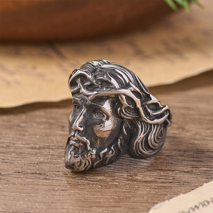 Christianartworkshop Solid Relief Crown of Thorns Holy Portrait Two-Tone Metal Statement Ring: Emblem of Boundless Heavenly Mercy - image 5