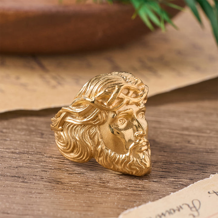 Christianartworkshop Solid Relief Crown of Thorns Holy Portrait Two-Tone Metal Statement Ring: Emblem of Boundless Heavenly Mercy - image 2