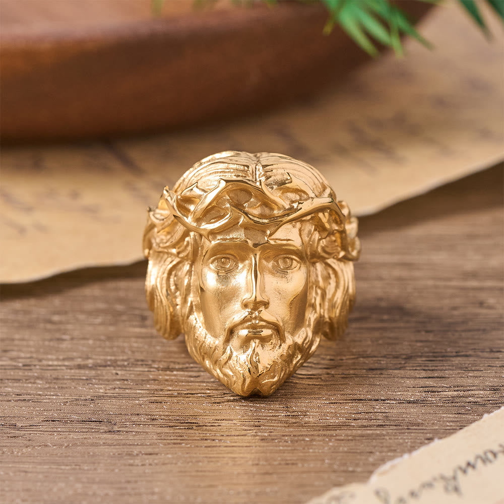 Christianartworkshop Solid Relief Crown of Thorns Holy Portrait Two-Tone Metal Statement Ring: Emblem of Boundless Heavenly Mercy - Golden - US 13 - image 1
