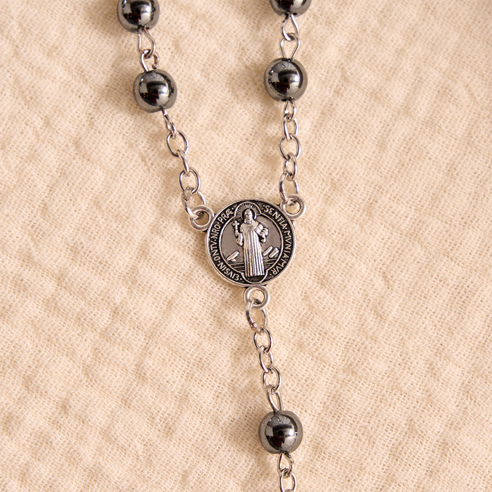 Christianartworkshop Portable Saint Benedict Hematite Rosary With Engraved Metal Storage Case - image 6
