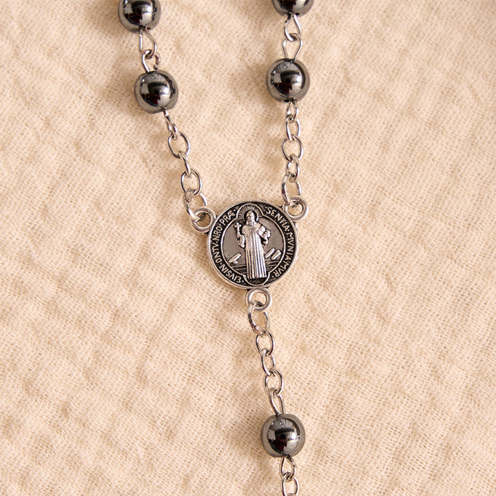 Christianartworkshop Portable Saint Benedict Hematite Rosary With Engraved Metal Storage Case - image 6