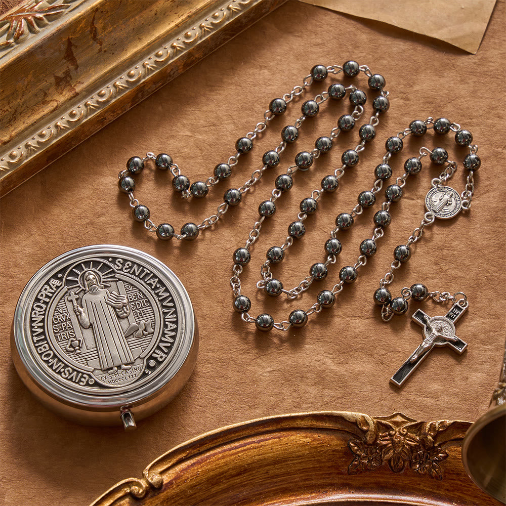 Christianartworkshop Portable Saint Benedict Hematite Rosary With Engraved Metal Storage Case - St.Benedict Rosary & Box - image 0