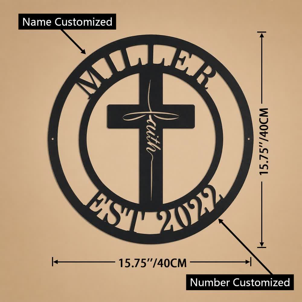 Christianartworkshop Custom Name & Year Faith Cross Circular Metal Wall Decor: Symbol of Family Shared Grace - Name & Number Customized - 15.75''*15.75''*0.04''/40*40*0.1cm - image 8