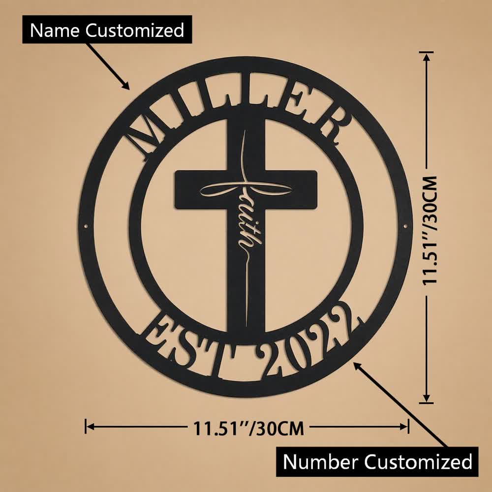 Christianartworkshop Custom Name & Year Faith Cross Circular Metal Wall Decor: Symbol of Family Shared Grace - Name & Number Customized - 11.81''*11.81''*0.04''/30*30*0.1cm - image 9