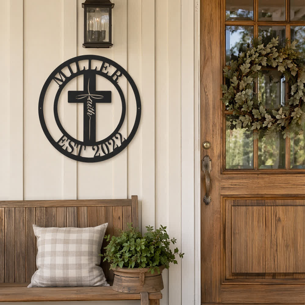 Christianartworkshop Custom Name & Year Faith Cross Circular Metal Wall Decor: Symbol of Family Shared Grace - image 1