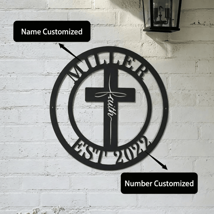 Christianartworkshop Custom Name & Year Faith Cross Circular Metal Wall Decor: Symbol of Family Shared Grace - image 0