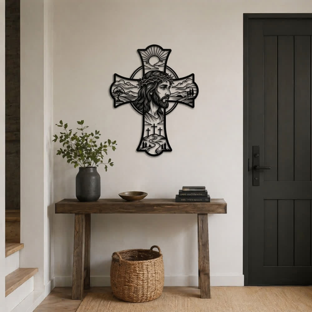 Christianartworkshop Hilltop Triple Cross Thorn Crown Jesus Laser Cut Metal Wall Decor: Fills Prayer Corners With Mild Divine Warmth - image 1