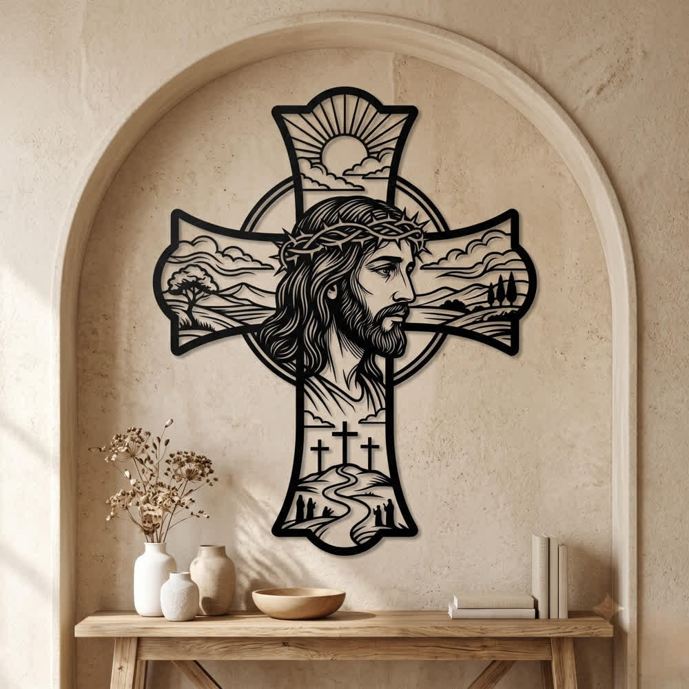 Christianartworkshop Hilltop Triple Cross Thorn Crown Jesus Laser Cut Metal Wall Decor: Fills Prayer Corners With Mild Divine Warmth - image 0