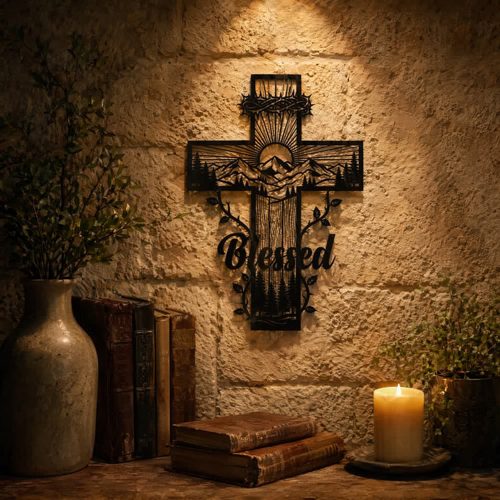 Christianartworkshop Vine Border Mountain Blessed Cross Metal Wall Decor: Symbol of Divine Blessing - image 6