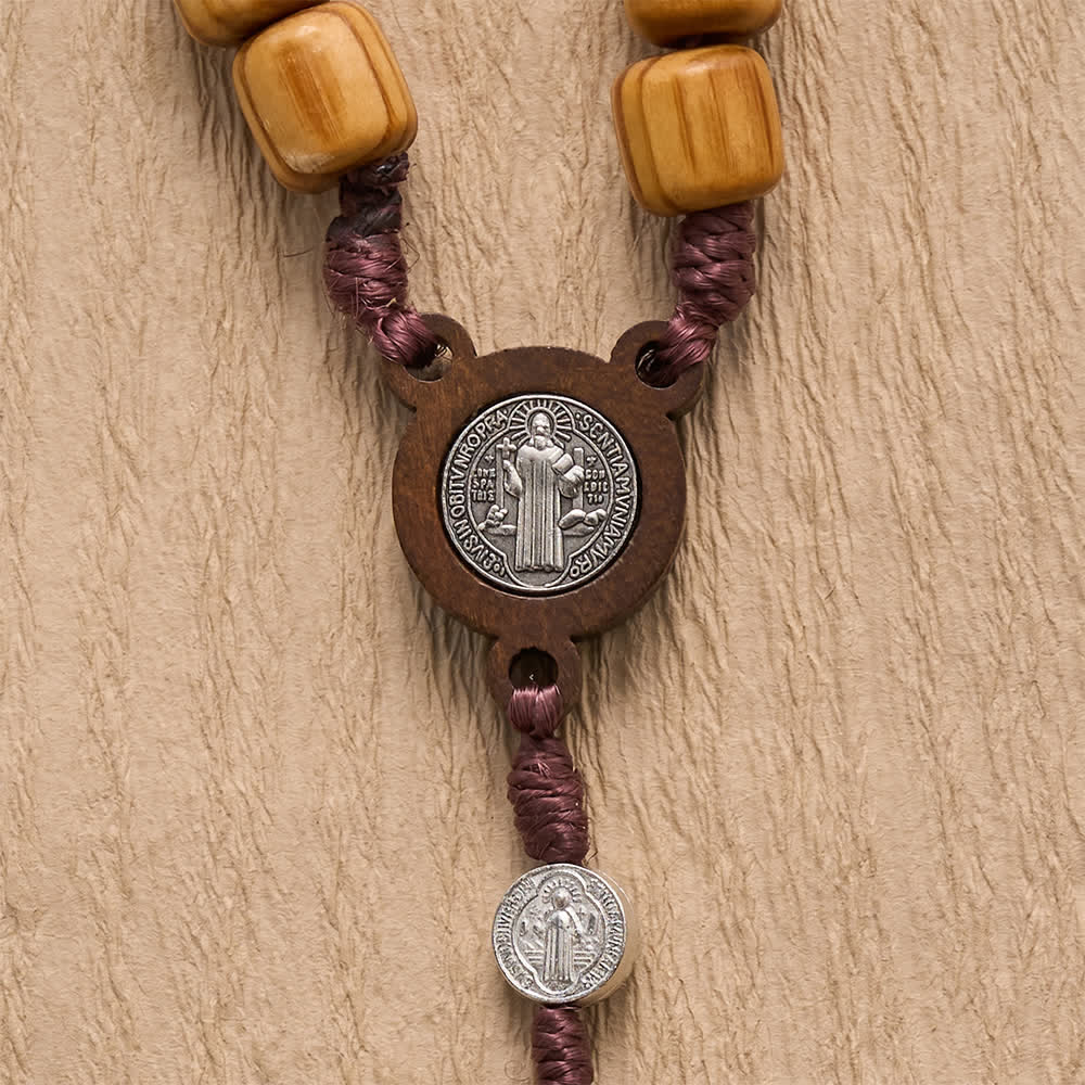 Christianartworkshop Natural Grain Barrel Timber Bead Knotted Cord Rosary With Mini Saint Benedict Medallions - image 4