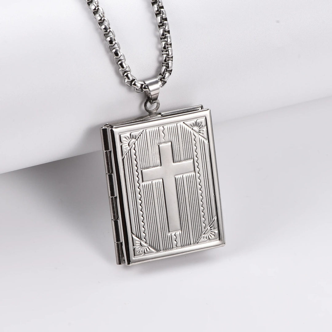 Christianartworkshop Hinged Book Locket Jesus Cross Pendant Necklace - Silver - image 2
