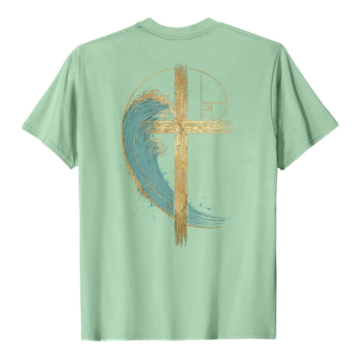 Christianartworkshop Golden Cross Wave Fibonacci Dual Side Print Classic T-shirt - image 1