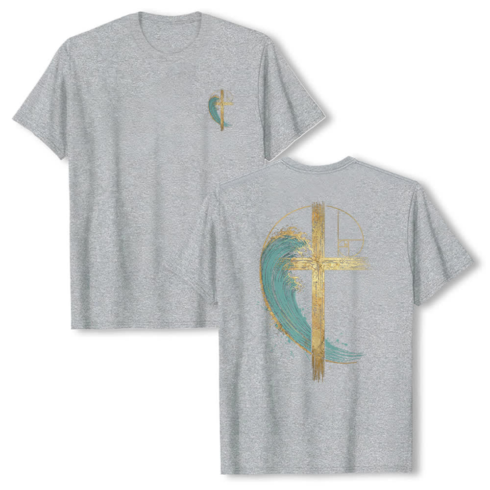 Christianartworkshop Golden Cross Wave Fibonacci Dual Side Print Classic T-shirt - Grey - 2XL - image 12