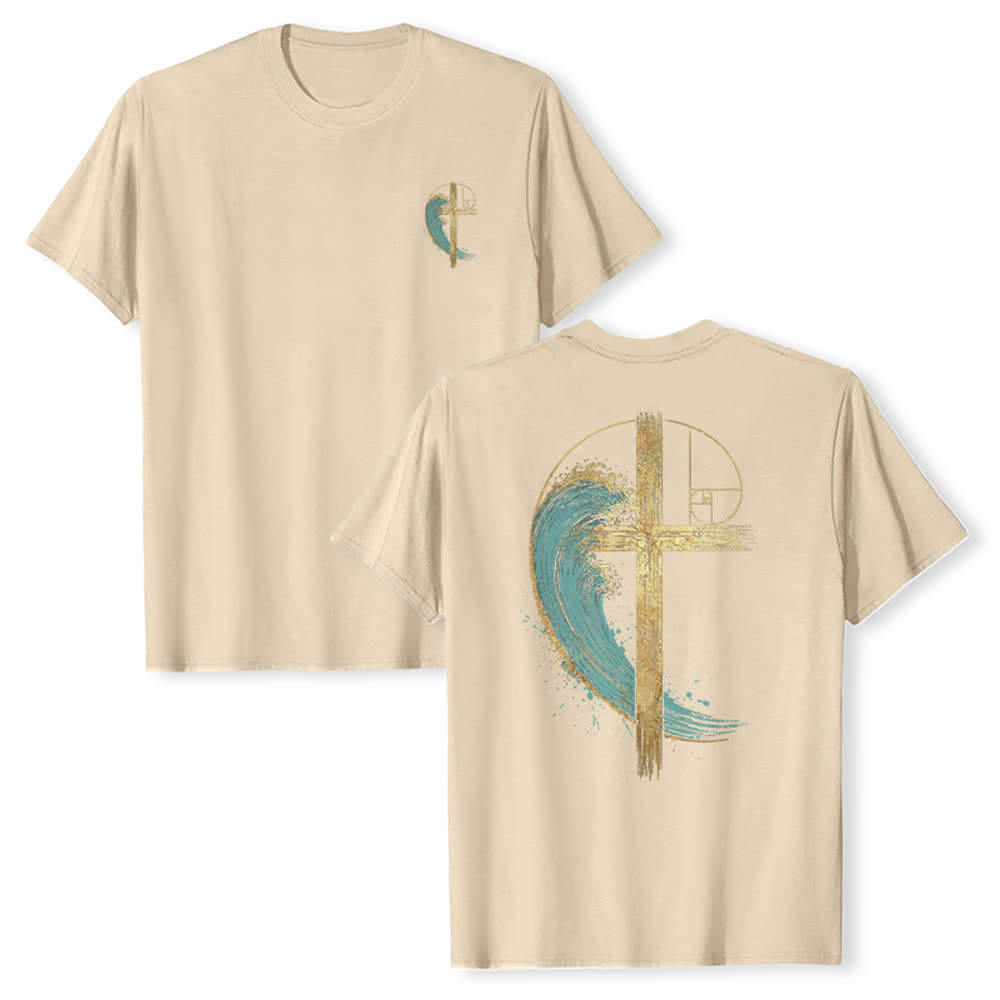 Christianartworkshop Golden Cross Wave Fibonacci Dual Side Print Classic T-shirt - Beige - 2XL - image 9