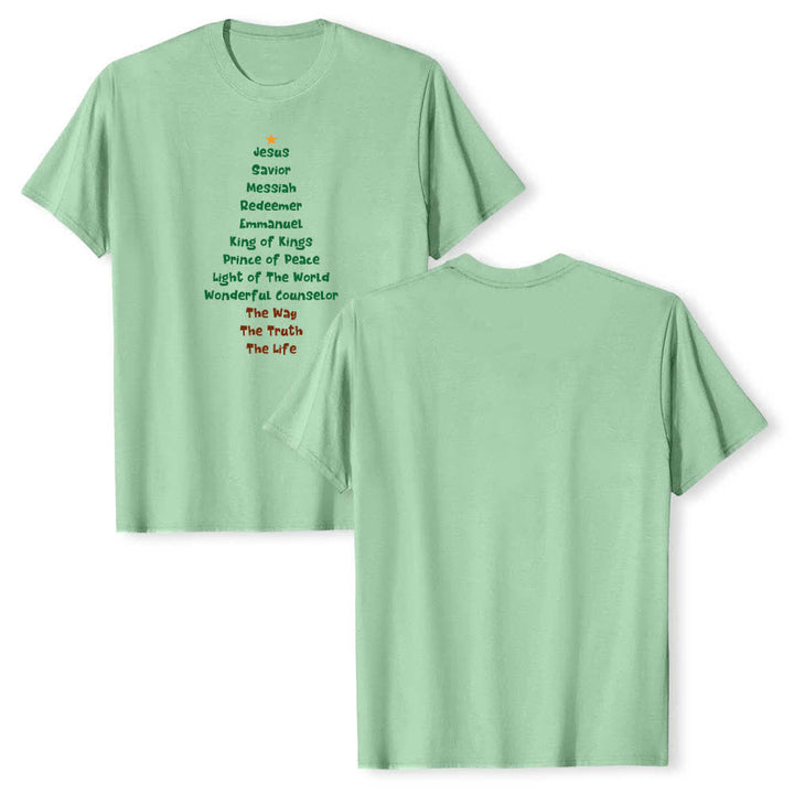 Christianartworkshop Dual-Side Jesus Names Christmas Tree Letter Print Classic T-shirt - Light Green - 2XL - image 12