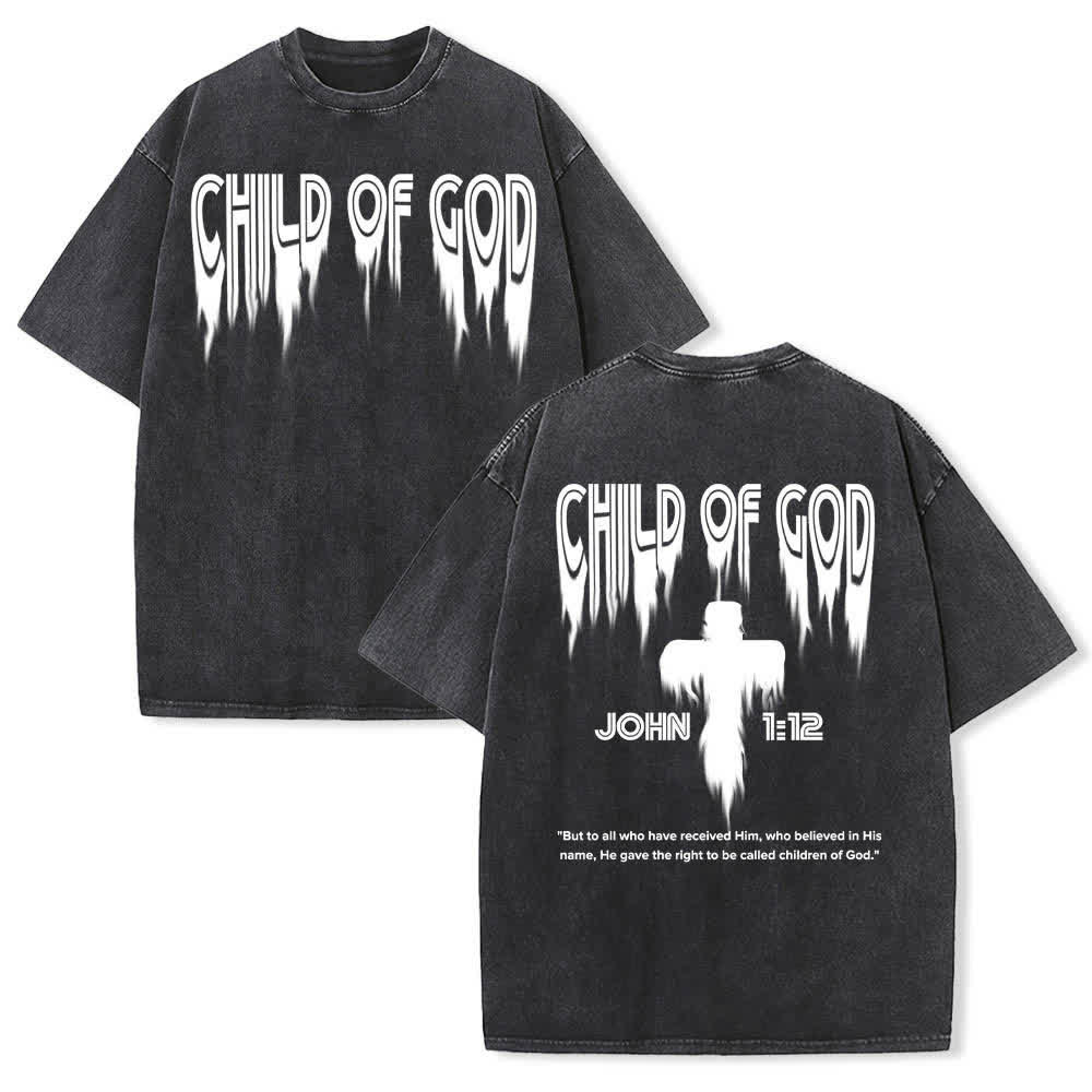 Christianartworkshop Dual-Side Child Of God John 1:12 Distressed Letter Print Washed T-shirt - Black - 5XL - image 15