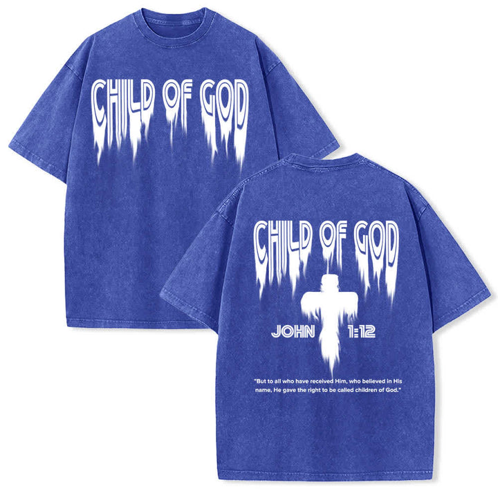 Christianartworkshop Dual-Side Child Of God John 1:12 Distressed Letter Print Washed T-shirt - Blue - 5XL - image 3