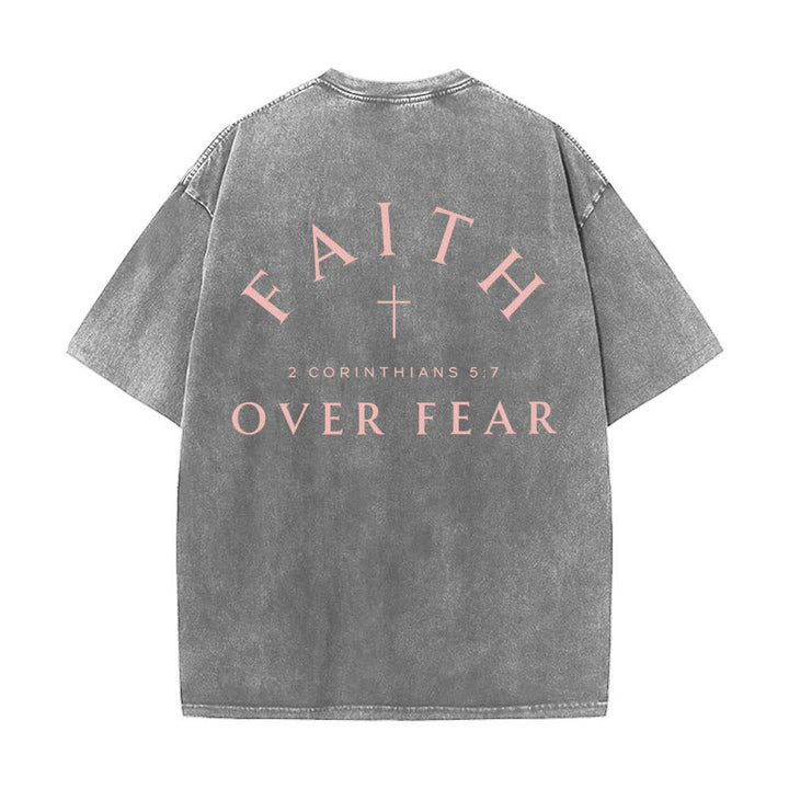 Christianartworkshop Dual-Side Faith Over Fear Cross Scripture Letter Print Washed T-shirt - image 13