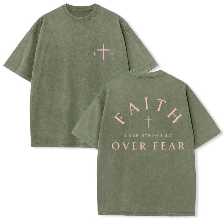 Christianartworkshop Dual-Side Faith Over Fear Cross Scripture Letter Print Washed T-shirt - Army Green - 5XL - image 3